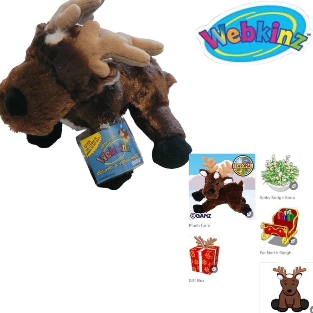 GANZ WEBKINZ Reindeer Plush Stuffed Animal W Unused Code Christmas Holiday Santa